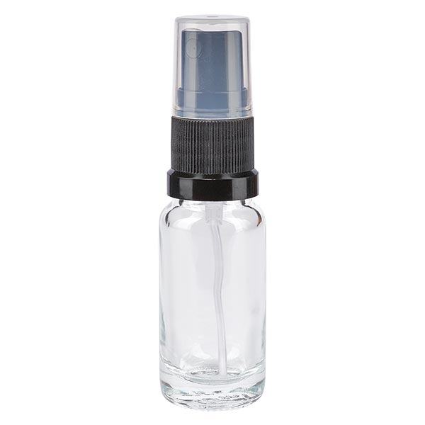 Lékárenská lahvička čirá 10ml s rozprašovacím víčkem černá Lékárenská lahvička čirá 10ml s rozprašovacím víčkem černá