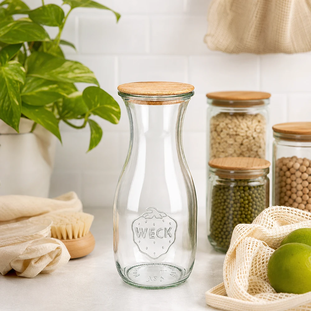 WECK Saftflasche 530ml RR60 mit Holzdeckel in nachhaltiger Zero-Waste Küche neben Öko-Produkten und Pflanzen