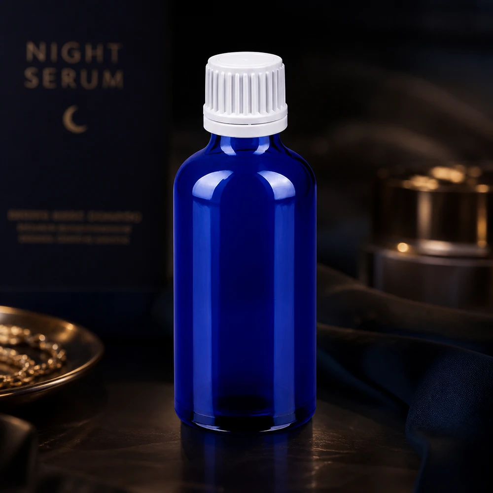 50ml láhev 11mm šroubovací uzávěr bílý uzávěr s ochranou proti manipulaci BlueLine UT18/50 Professionelle 50ml Blauglasflasche mit auslaufsicherem Verschluss für flüssige Präparate