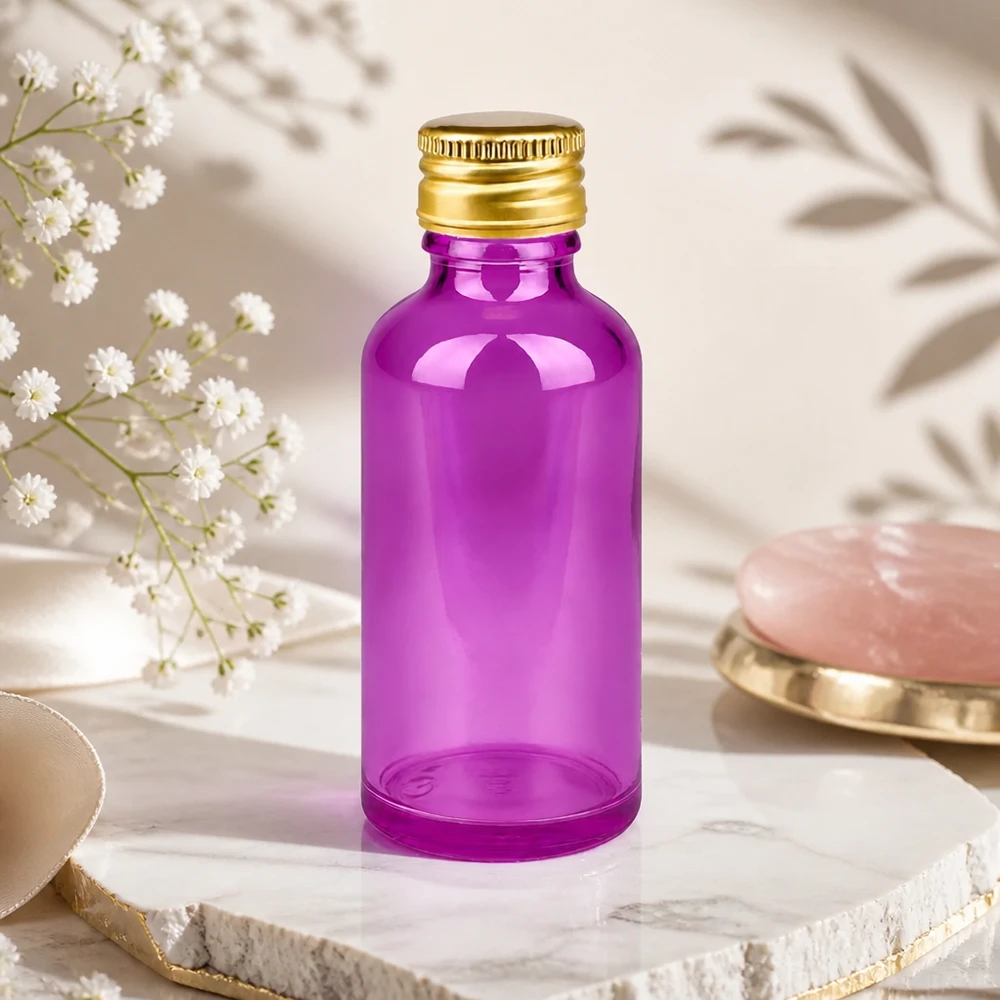 PurpleLine 50ml lahvička 11mm šroubovací uzávěr hliníkový zlatý standard. UT18/50 Dekorative 50ml Flasche in Purple für stilvolle Präsentation hochwertiger Beauty- und Wellness-Produkte