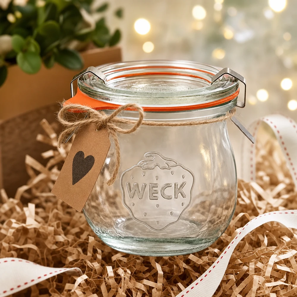 WECK Tulpenglas 75ml RR40 als Geschenkidee dekorativ verpackt mit Herzanhänger und Geschenkband in festlicher Atmosphäre