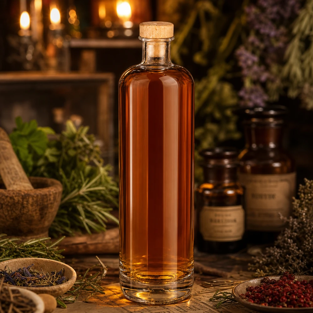 700ml Glasflasche "Eleganz" mit Holzgriffkorken UNiTWIST® 700ml Glasflasche Ella mit bernsteinfarbenem Inhalt und Holzkorken in rustikaler Kräuter-Apotheke-Atmosphäre