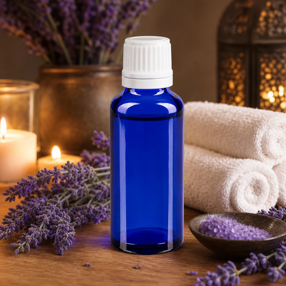 Lékárenská lahvička modrá 30ml kapací uzávěr 1,2mm bílý uzávěr chráněný proti manipulaci. UV-geschützte 30ml Flasche in Blauglas mit weißem Tropfverschluss für empfindliche Öle