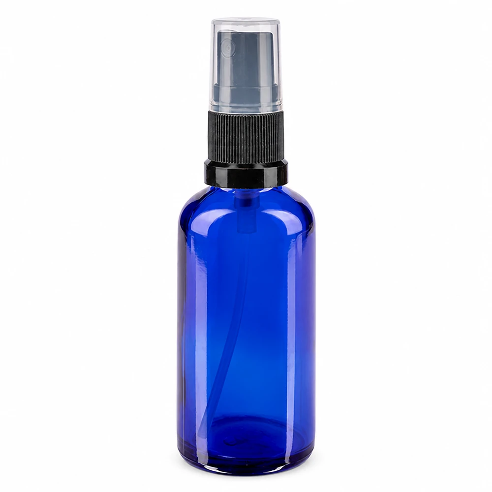 Lékárenská lahvička modrá 50ml s rozprašovacím uzávěrem černá Runde blaue Apothekerglasflasche 50ml mit schwarzem Sprühkopf und Schutzkappe