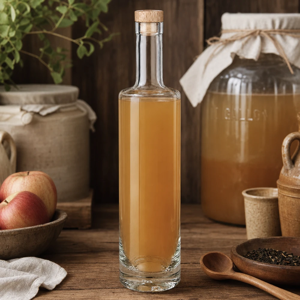 500ml Glasflasche Lina mit Holzkorken gefüllt mit Apfellikör rustikale Küche Apfel Kräuter Ambiente