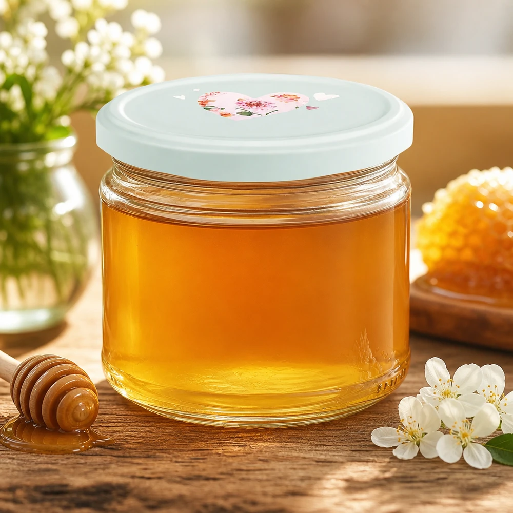 330ml kulatá sklenice + víčko BasicSeal srdíčková máta UNiTWIST 330ml Rundglas mit Honig gefüllt BasicSeal Deckel Herzmotiv mint Honigglas Marmeladenglas Küchendeko Blüten
