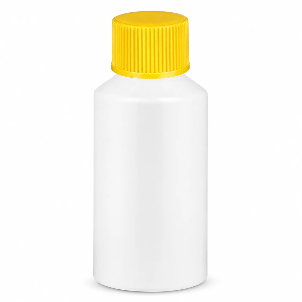 Lékárnická lahvička HDPE 50 ml, bílá, se žlutým šroubovacím uzávěrem z vysokohustotního polyethylenu