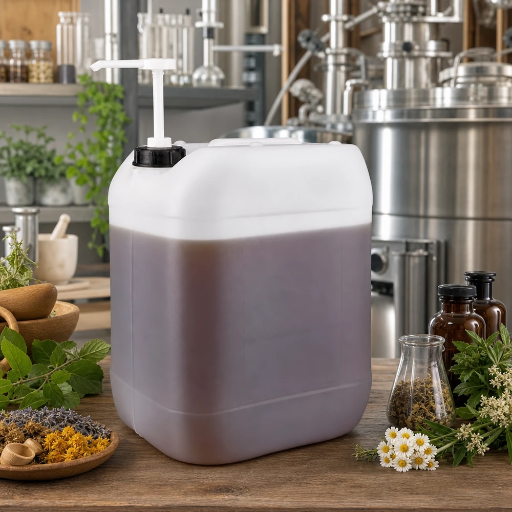 Kanystr o objemu 20 litrů s dávkovacím čerpadlem Quadratischer 20 Liter Kanister mit schwarzem Deckel und Pumpe in naturheilkundlicher Umgebung