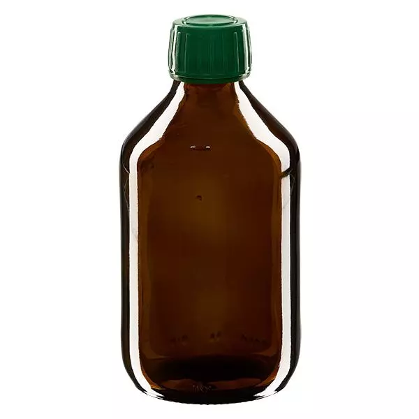 250ml lahvička na léky hnědá, uzávěr zelený s tamper-evidentním kroužkem ApoGlas 250ml lahvička na léky hnědá, uzávěr zelený s tamper-evidentním kroužkem ApoGlas