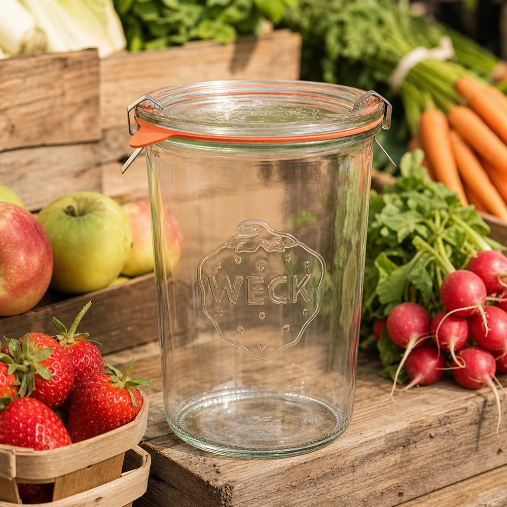 Kompletní sklenice s objemem 850 ml WECK RR100 s čerstvostí. WECK RR100 Einmachglas 850ml mit frischem Obst und Gemüse auf rustikalem Holztisch als Küchenszene für Vorratshaltung