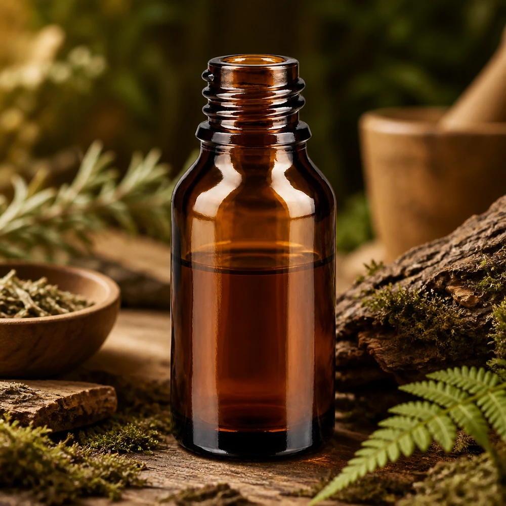 Kapací lahvička 15 ml DIN 18 z jantarového skla 15ml braune Glasflasche ApoGlas in natürlicher Waldkulisse mit Moos Farn und rustikalem Holz für Naturheilkunde