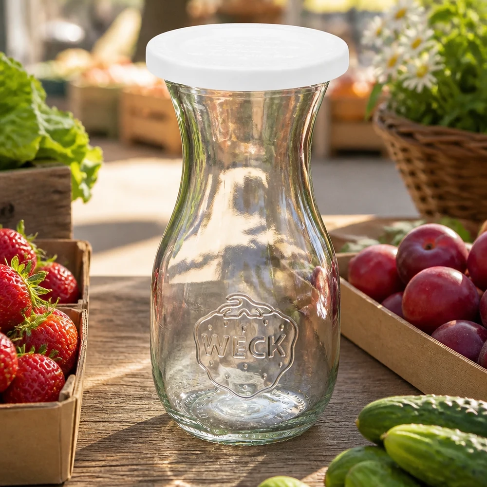290ml láhev na šťávu s víčkem WECK RR60 pro zachování čerstvosti. WECK Saftflasche 290ml mit RR60 Frischedeckel zwischen frischem Obst und Gemüse auf rustikalem Holztisch arrangiert