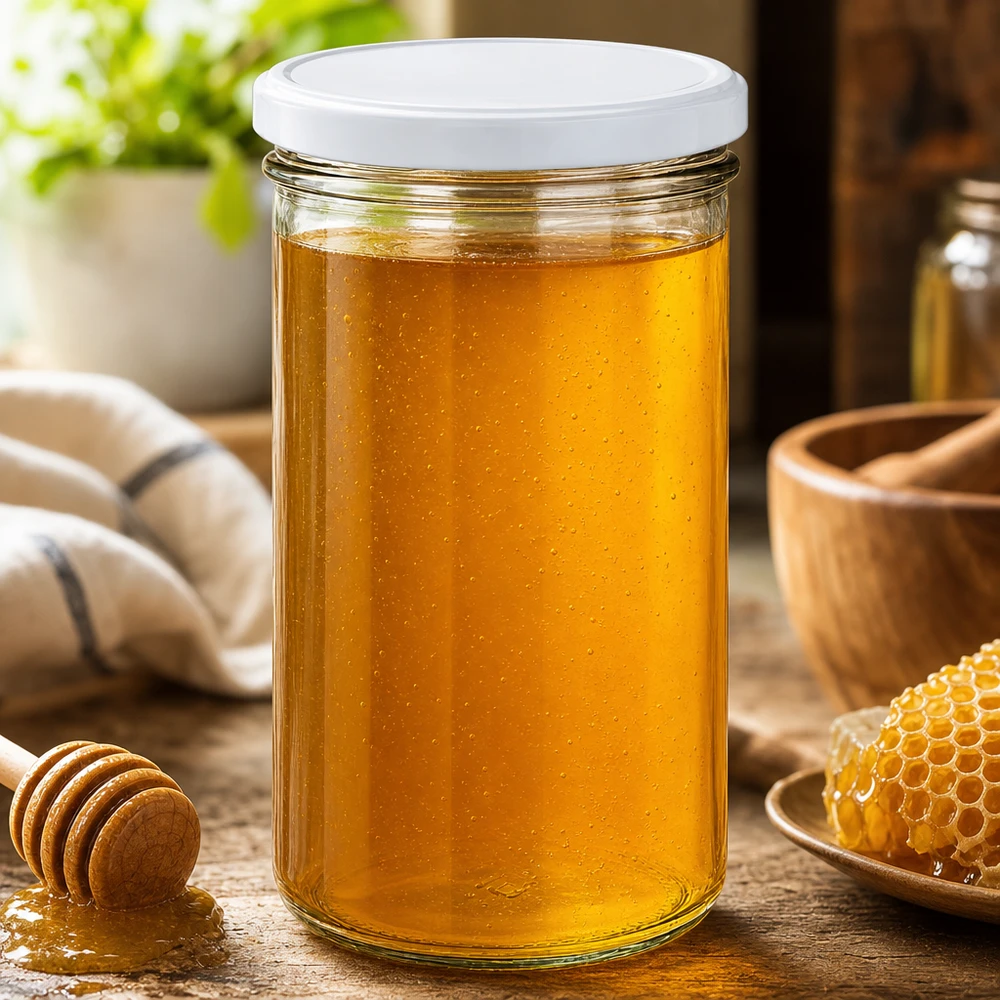 277ml zavařovací sklenice s víčkem BasicSeal bílá UNiTWIST 277ml Sturzglas mit weißem Deckel gefüllt mit goldenem Honig - Honigglas auf rustikalem Holztisch mit Waben