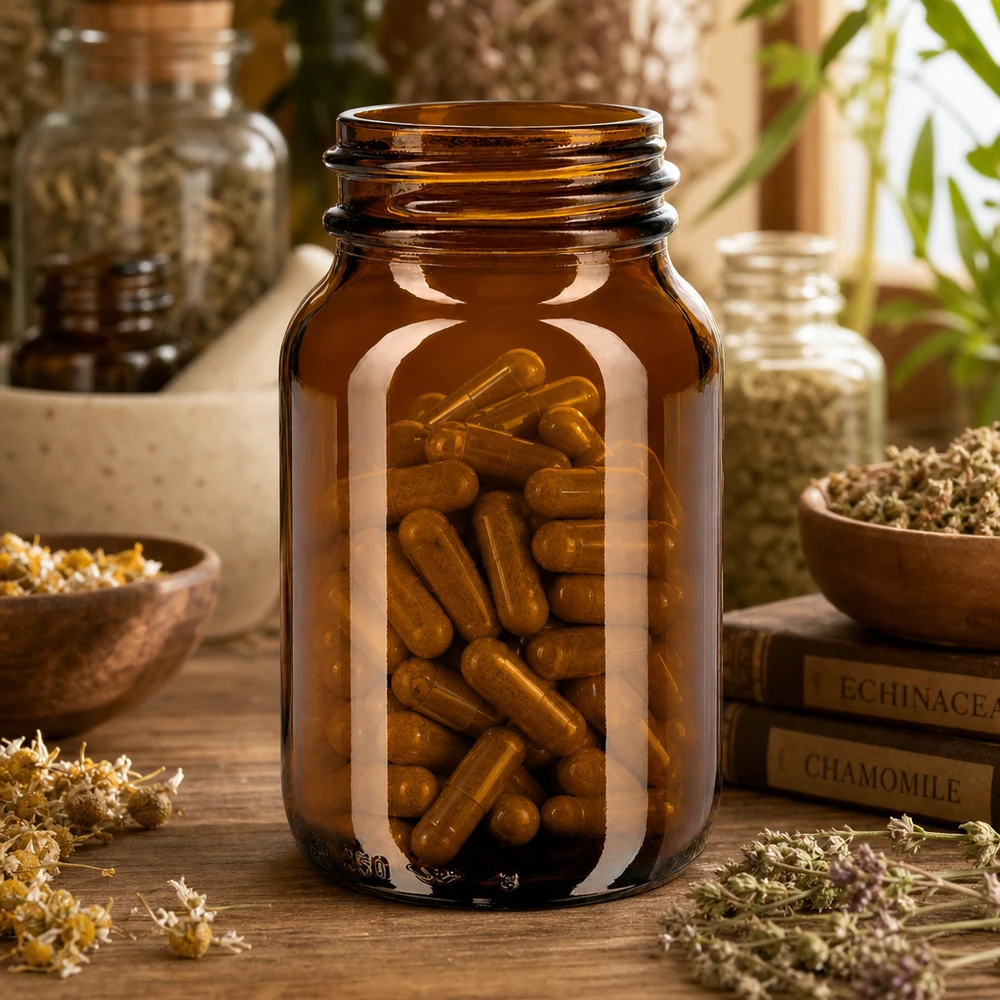 250ml láhev se širokým hrdlem jantarové sklo s uzávěrem Traditionelle 250ml Weithalsflasche aus Braunglas im klassischen Apothekerflaschen Design