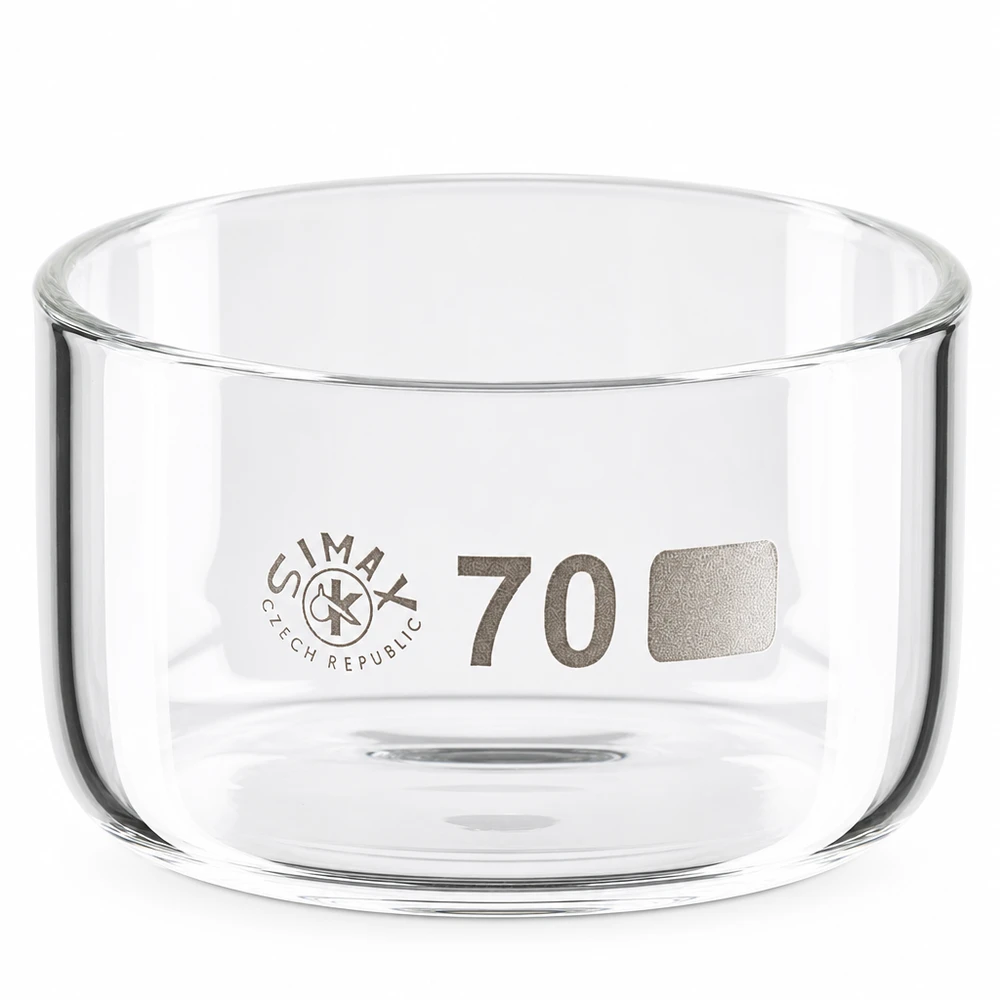 100ml krystalizační miska bez výlevky borosilikátová ø70mm Flache runde Laborschale aus klarem Glas 100ml Kristallisierschale ohne Ausguss Simax Czech Republic
