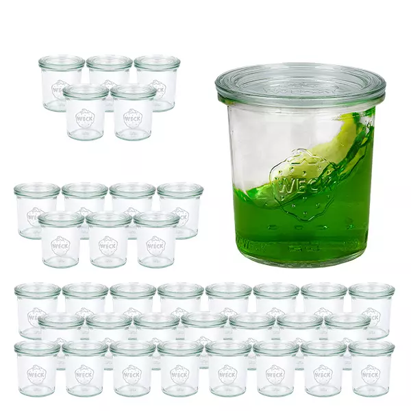 Sada 36 sklenic Weck o objemu 140 ml s 36 skleněnými víčky. Sada 36 sklenic Weck o objemu 140 ml s 36 skleněnými víčky.
