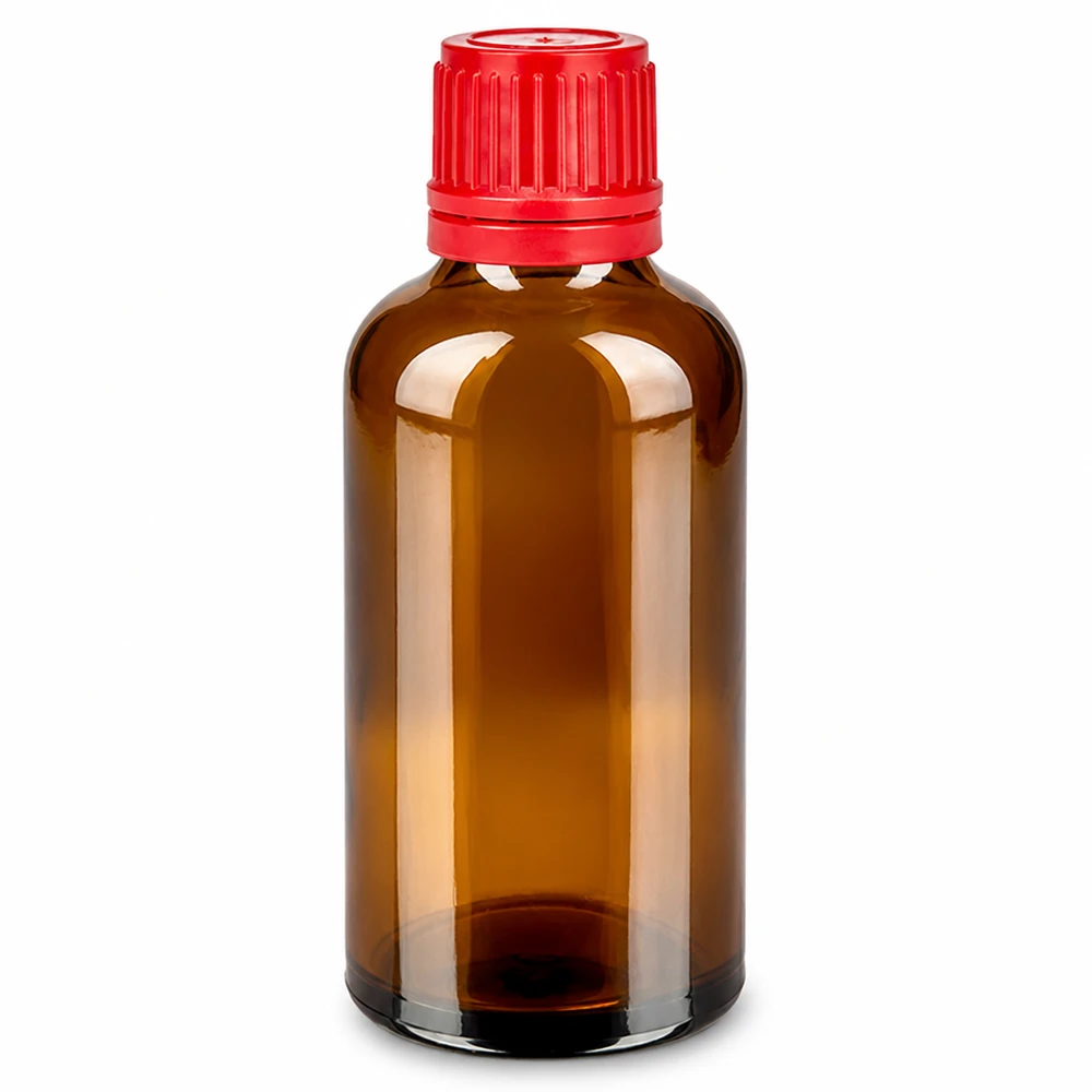 50ml láhev 11mm šroubovací uzávěr červený tamper evidentní uzávěr BrownLine UT18/50 Professionelle 50ml Apothekerflasche BrownLine mit manipulationssicherem Originalitätsverschluss