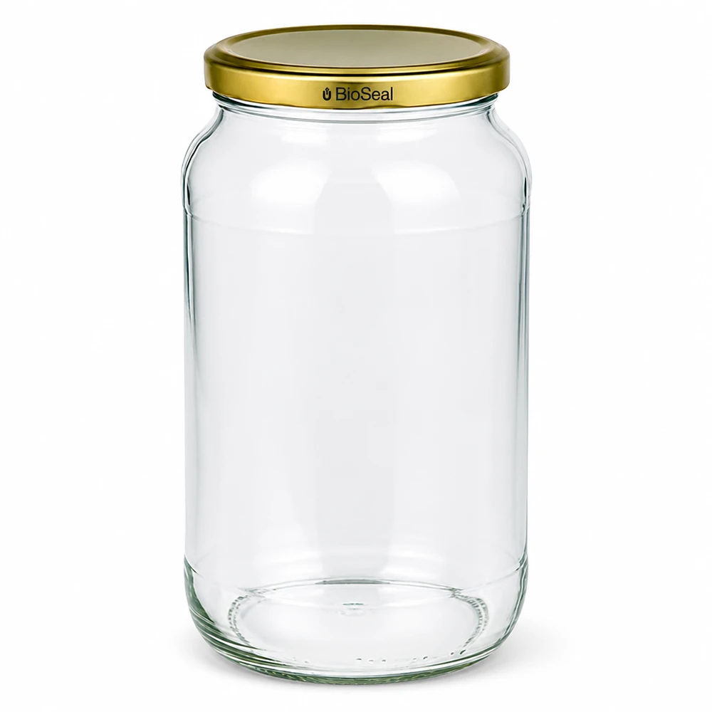 Kulatá nádoba o objemu 1062 ml se zlatým víčkem UNiTWIST BioSeal. UNiTWIST Runda1062 Einmachglas mit goldenem TO82 BioSeal Deckel transparent leer Vorratsbehalter