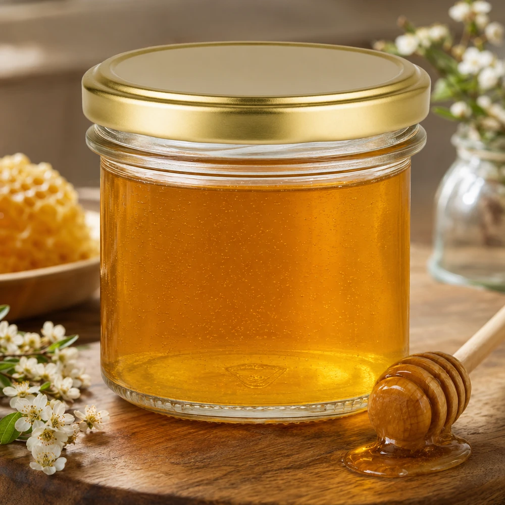 125ml kelímky s víčkem BasicSeal zlaté UNiTWIST 125ml Sturzglas mit BasicSeal Deckel gold gefüllt mit Honig neben Honiglöffel und Blütenzweigen