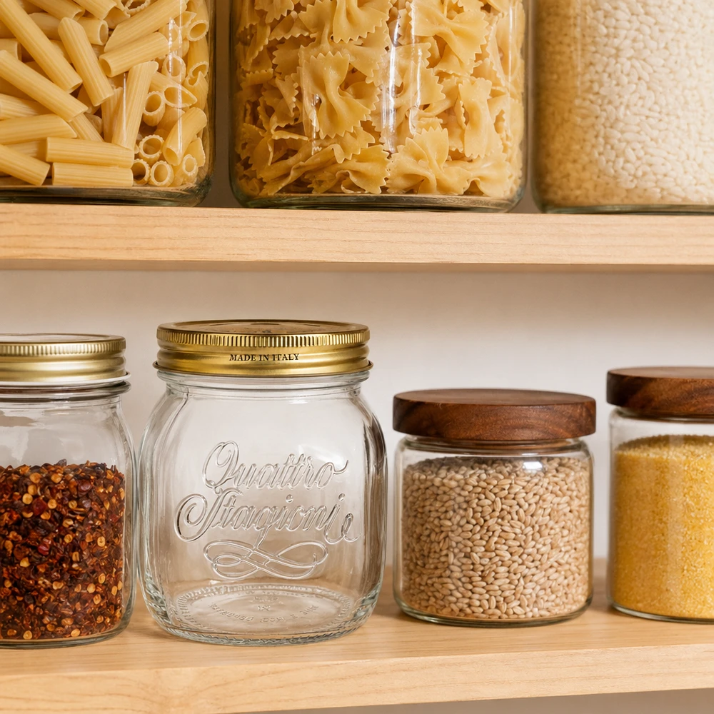 700ml kulatá sklenice "Quattro Stagioni" s víčkem Quattro Stagioni Einmachglas 700ml in organisierter Pantry mit Pasta und Gewürzen italienische Küchenausstattung