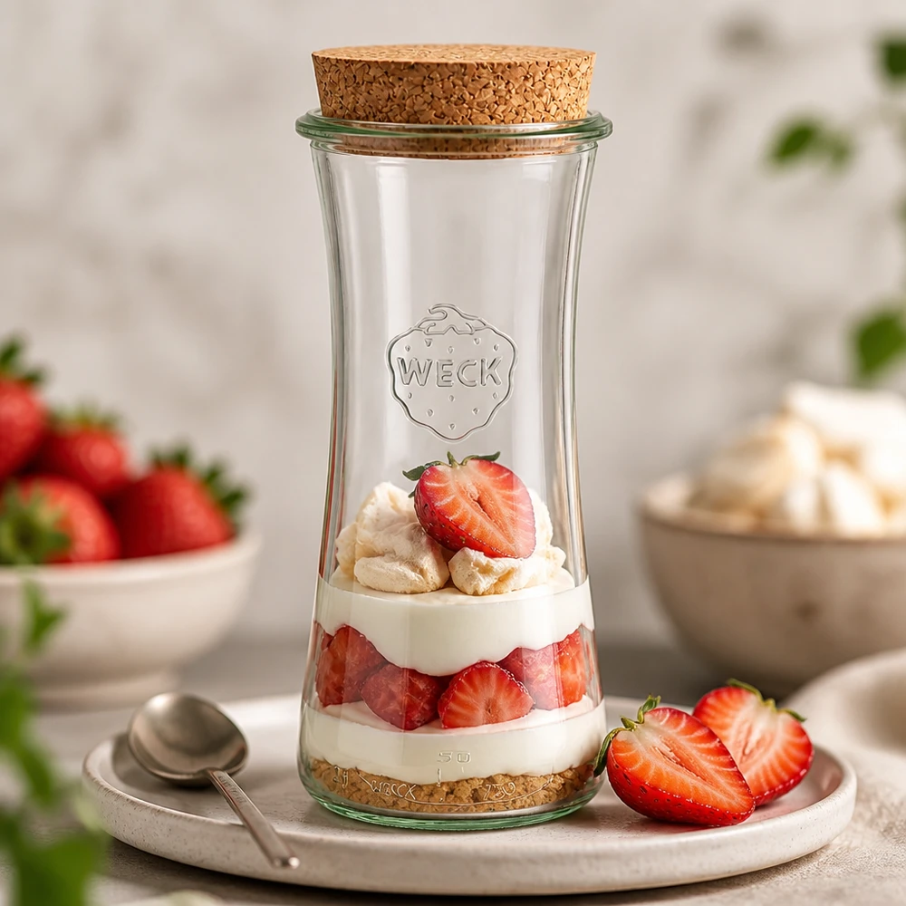 700ml sklenice na lahůdky WECK RR80 s korkem přírodní WECK RR80 Delikatessenglas 700ml mit Korken gefüllt als Erdbeer-Schichtdessert mit Sahne auf weißem Serviertablett