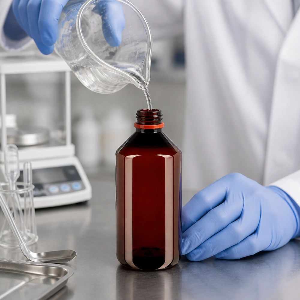 Laborant v ochranných rukavicích plní hnědou PET láhev o objemu 750 ml čirou kapalinou z kádinky