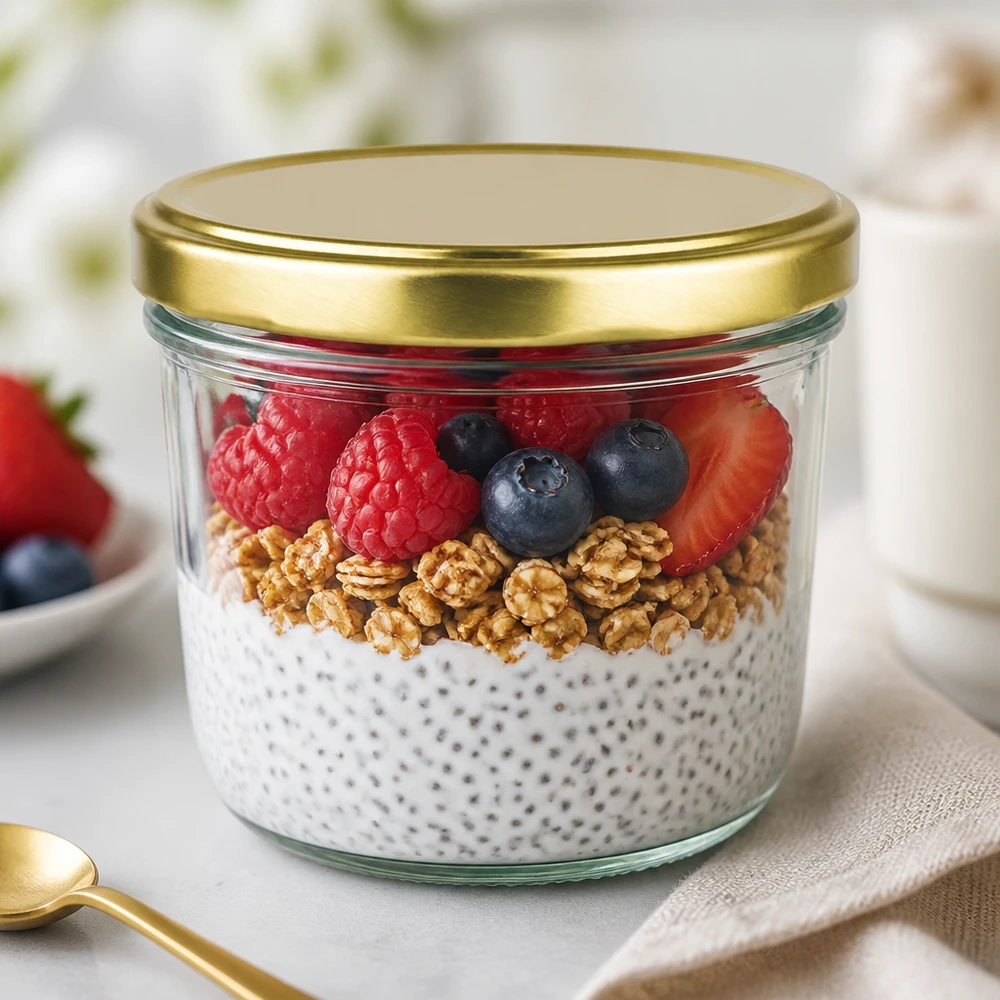 230ml tumblery s víčkem BasicSeal zlaté UNiTWIST. 230ml Sturzglas mit goldenem Deckel gefüllt mit Chia-Pudding, Nüssen und Beeren als Anwendungsbeispiel