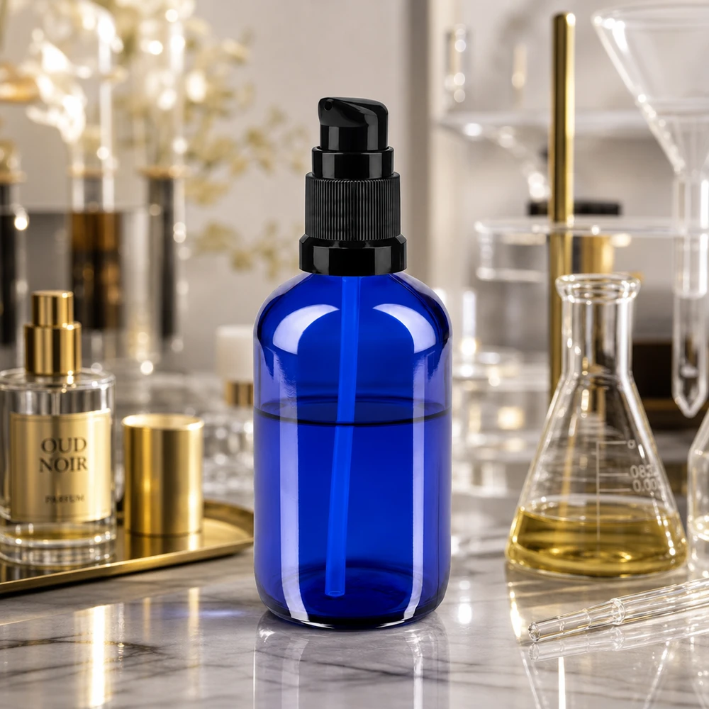 Lékárenská láhev modrá 100ml pumpovací uzávěr černý standardní Blaue 100ml Glasflasche mit schwarzem Pumpspender zwischen Laborkolben und Goldaccessoires