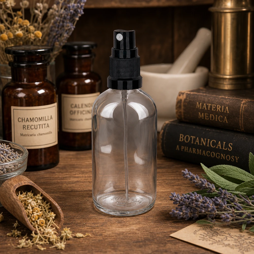 Transparente 100ml Pumpsprühflasche Glas neben Lavendel getrockneten Kräutern Holzlöffel