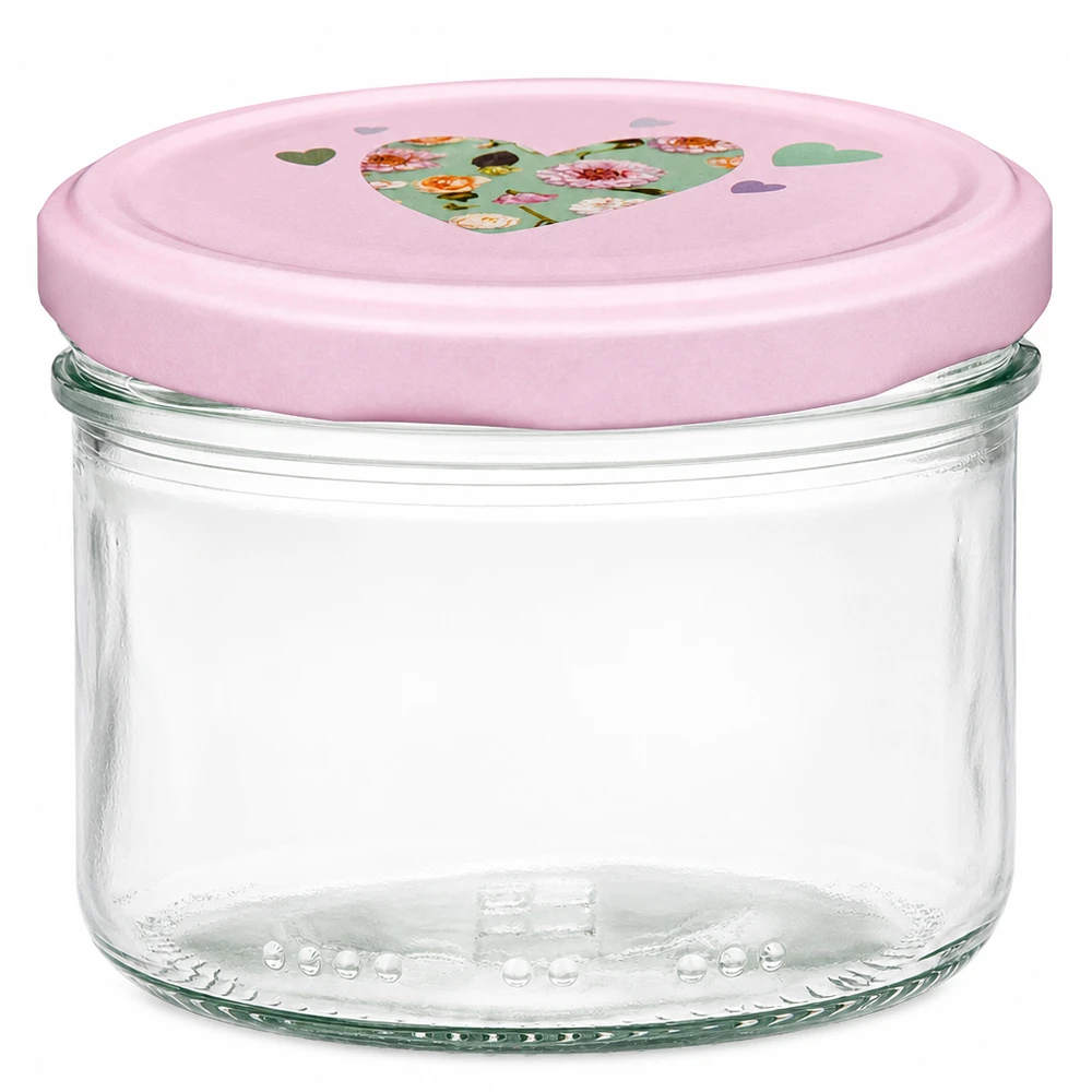 230ml válcová sklenice + víčko BasicSeal srdíčková růžová 230ml Zylinderglas mit rosa BasicSeal Deckel und Herz-Motiv, Einmachglas zur Aufbewahrung von Lebensmitteln