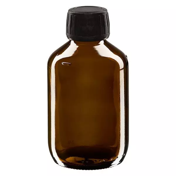 200ml lahvička na léky hnědá, uzávěr černý s kroužkem proti neoprávněné manipulaci ApoGlas