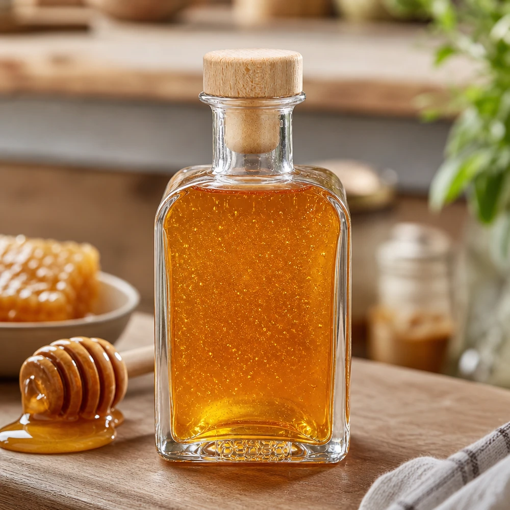 200ml Glasflasche Clara mit Honig gefüllt Holzkorken Honiglöffel Bienenwachs natürliche Süßungsmittel Küchenzubehör