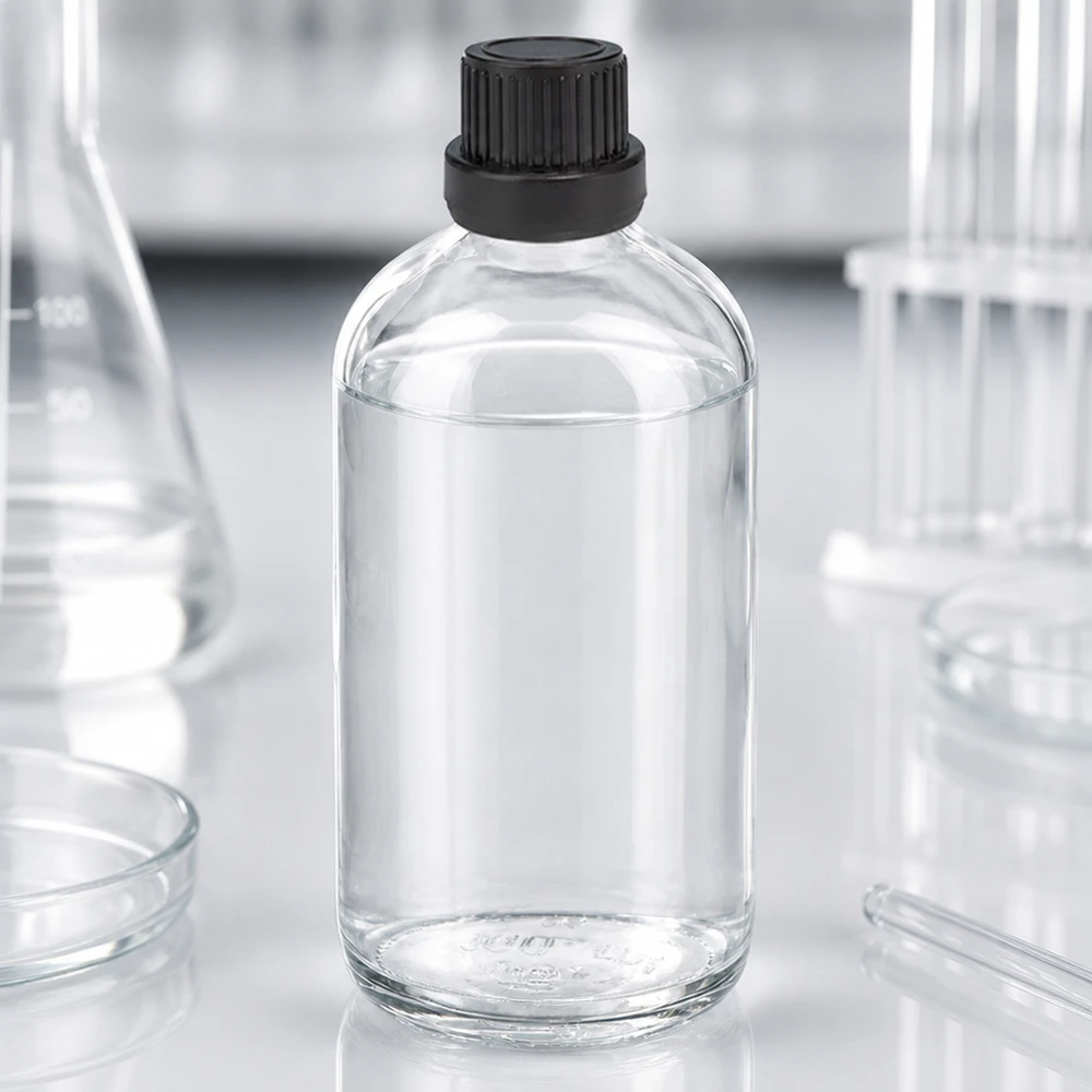 100ml lahvička s kapátkem 2mm černá tamper-evidentní uzávěr ClearLine UT18/100 Kleine 100ml Laborflasche Klarglas mit schwarzem OV-Deckel 2mm Tropföffnung ClearLine UT18