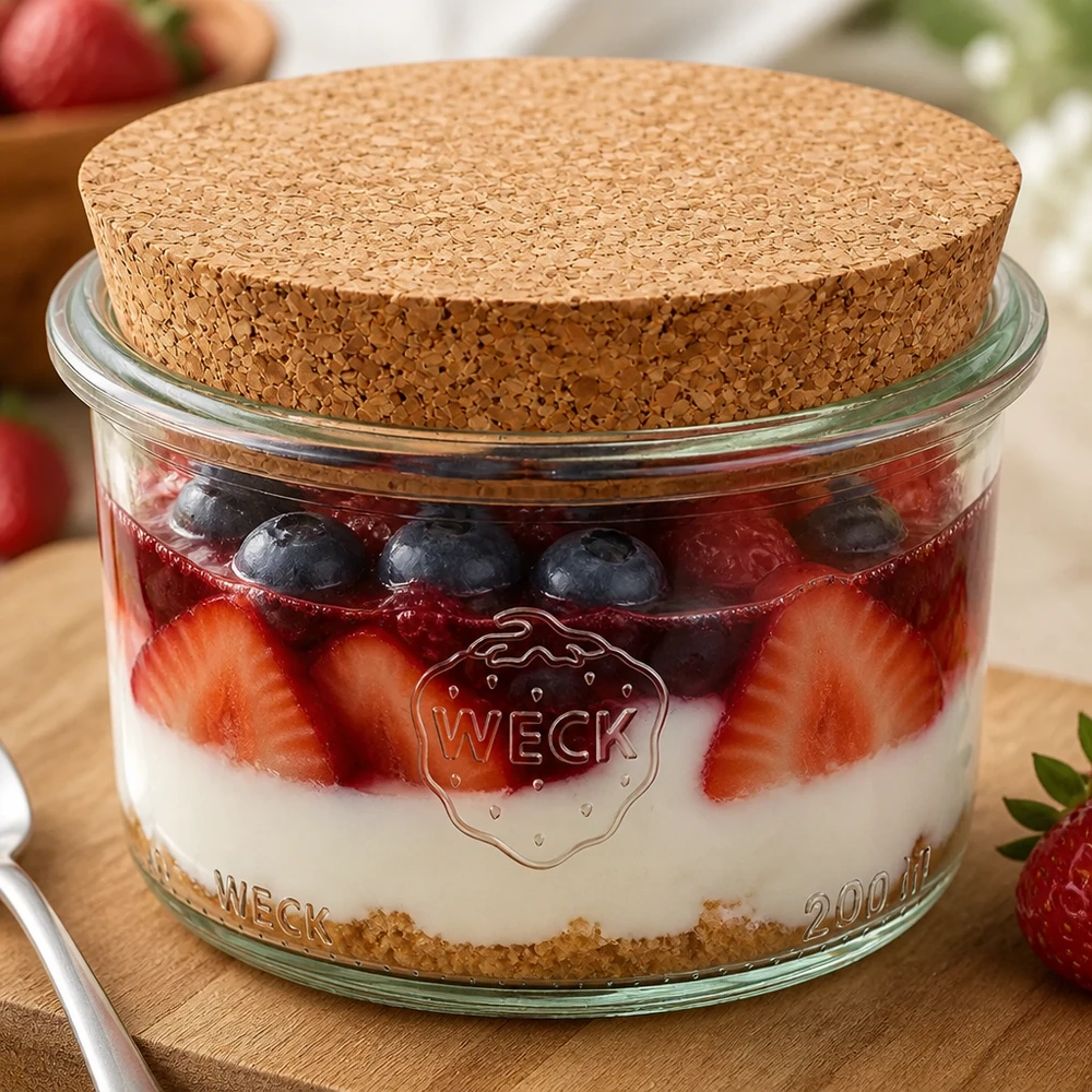 WECK Sturzglas 200ml RR80 gefüllt mit Beeren-Dessert und Korkdeckel zeigt vielseitige Verwendung als Dessertglas