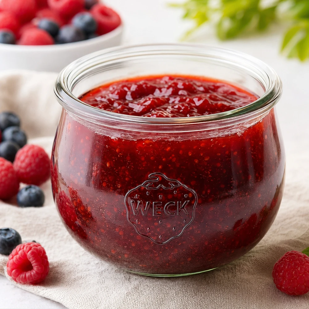 580ml tulipánová sklenice WECK RR100 s dřevěným dřevem - tulipánová sklenice s dřevem. WECK Tulpenglas 580ml RR100 mit roter Marmelade gefüllt, umgeben von frischen Beeren auf Holzuntergrund