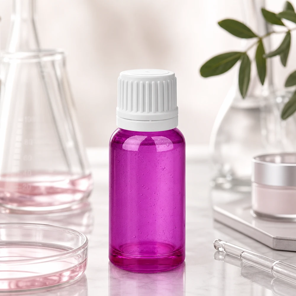 Stilvolle 20ml Flasche in leuchtendem Violett mit weißer Kappe für Beauty-Produkte und Öle