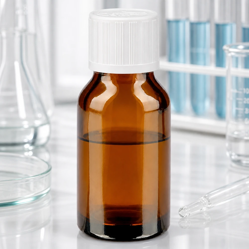 Medizinische Braunglasflasche 30ml mit weißem KiSi Verschluss halbgefüllt mit bernsteinfarbener Flüssigkeit