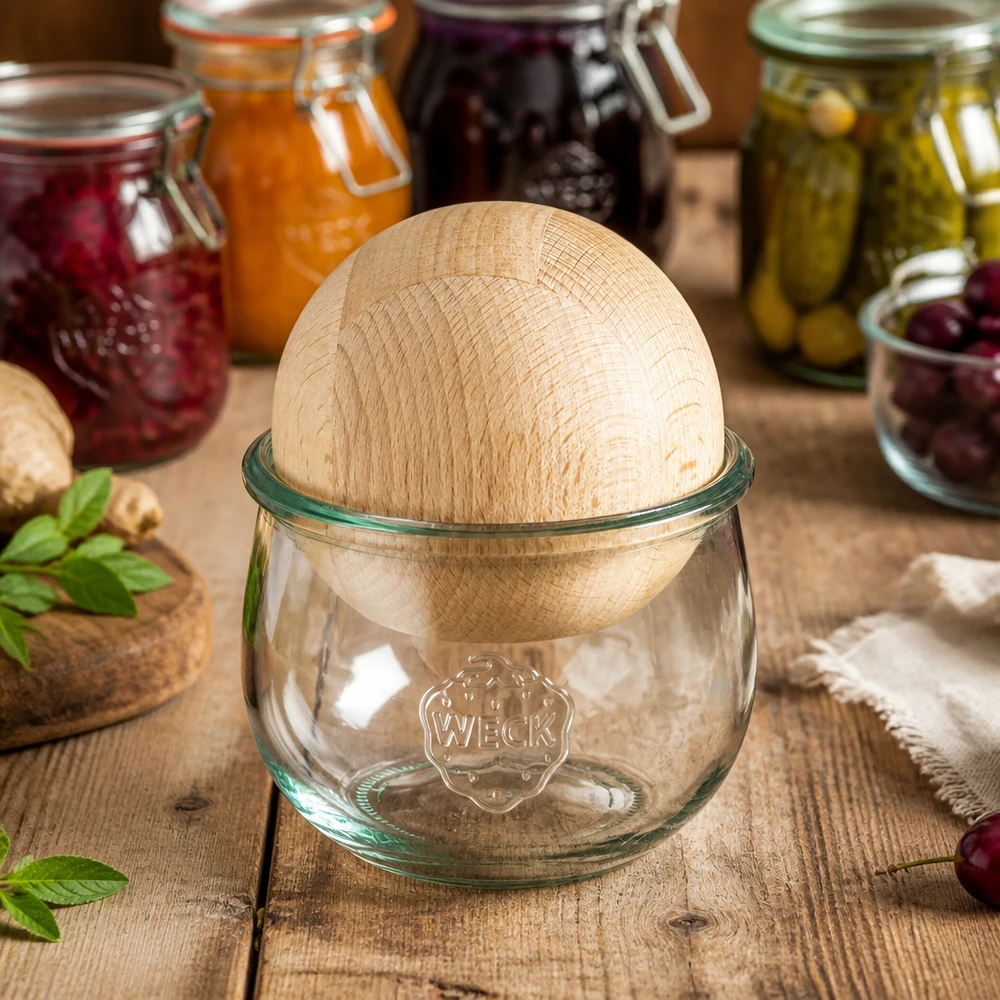 Tulipánová sklenice WECK RR100 o objemu 580 ml s kuličkou z bukového dřeva Tulpenglas WECK RR100 mit Buchenholzkugel in Küchenambiente neben bunten Einmachgläsern mit Marmeladen und Pickles