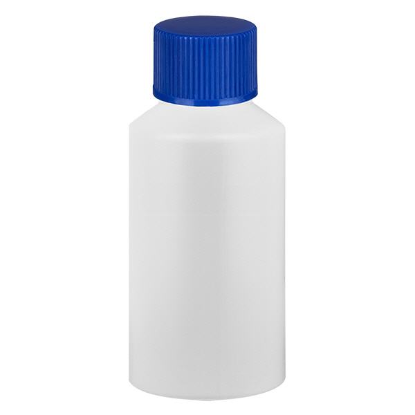 Lékárenská láhev HDPE 50ml bílá, s modrým šroubovacím uzávěrem Lékárenská láhev HDPE 50ml bílá, s modrým šroubovacím uzávěrem
