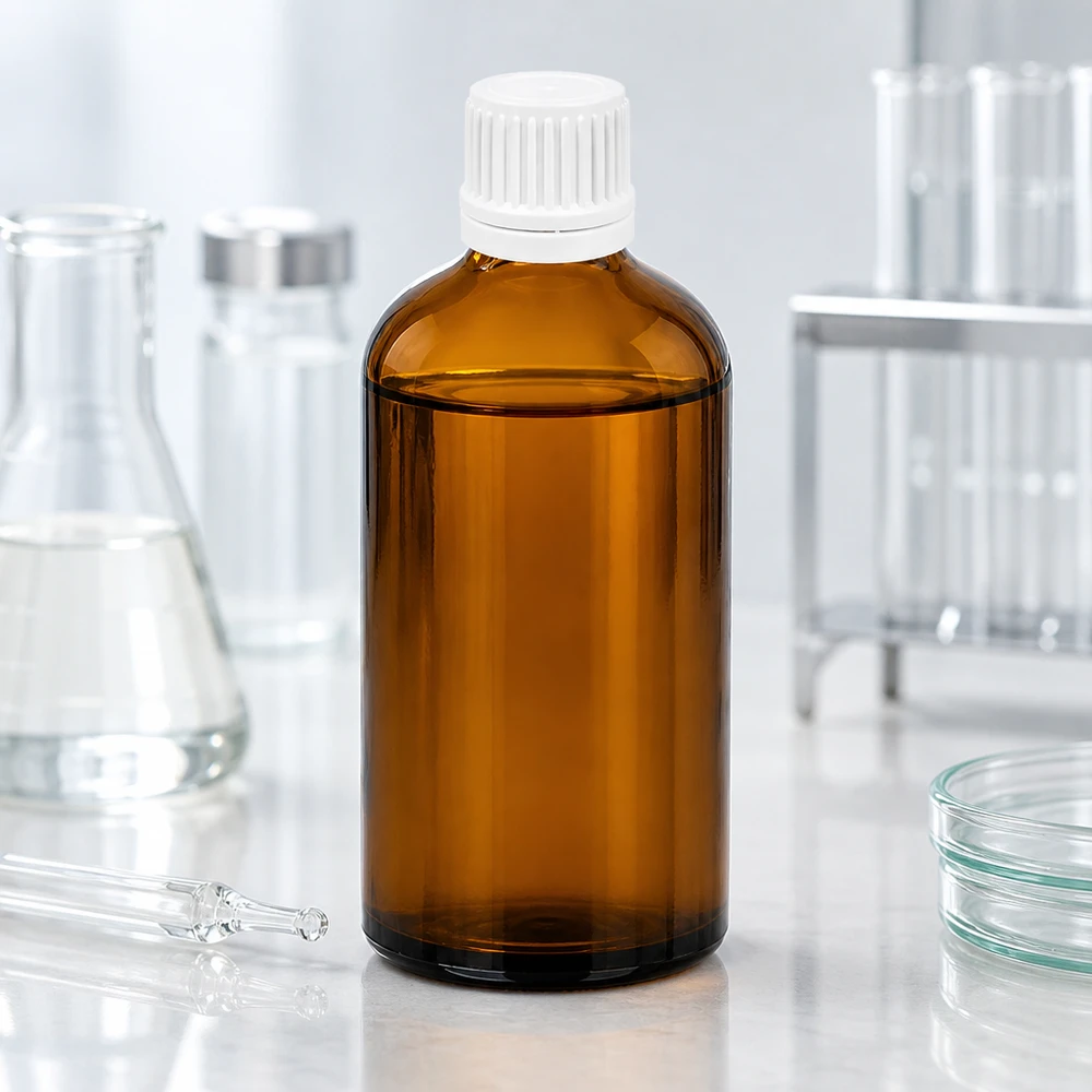100ml láhev 11mm šroubovací uzávěr bílý tamper evidentní uzávěr BrownLine UT18/100 Robuste 100ml Flasche aus getöntem Glas mit manipulationssicherem weißem Verschluss