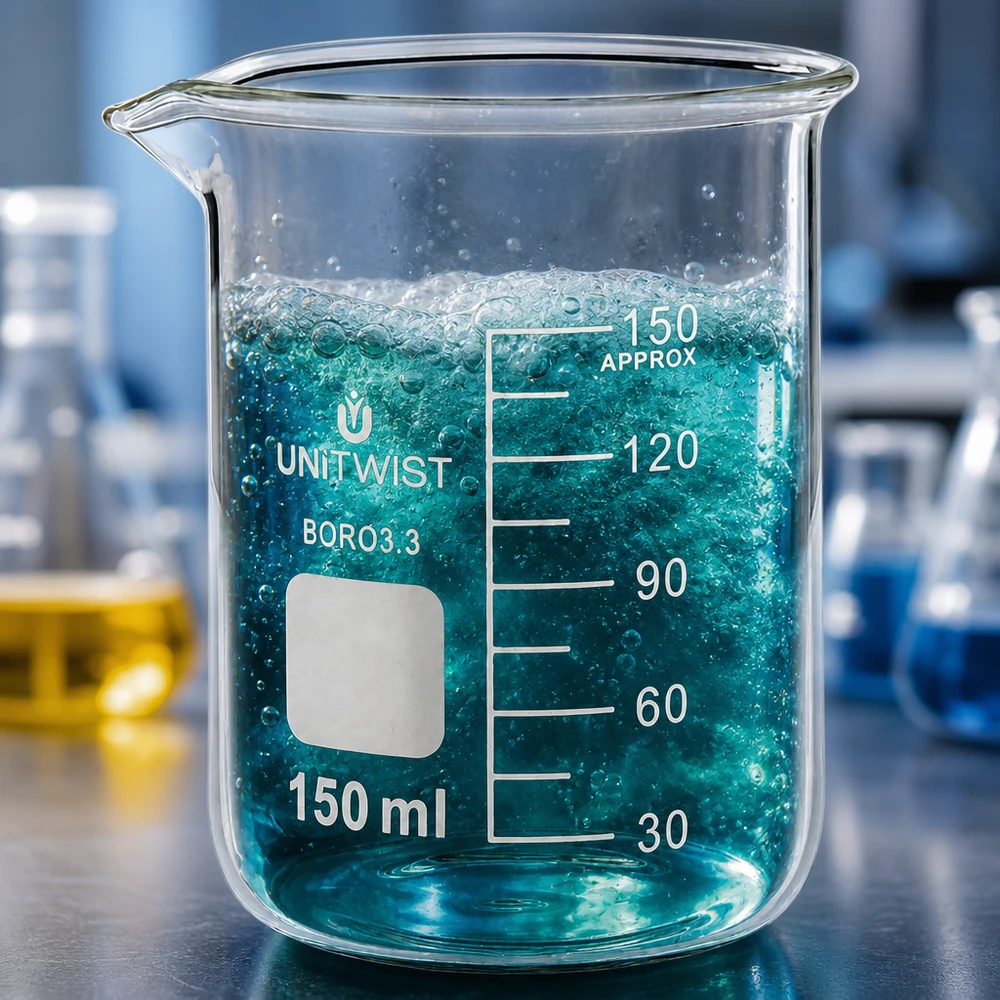 Kádinka 150ml borosilikátová, nízká forma UNiTWIST Chemiebecher 150ml UNiTwist Borosilikat 3.3 niedrige Form mit aktiver Flüssigkeitsreaktion im Labor