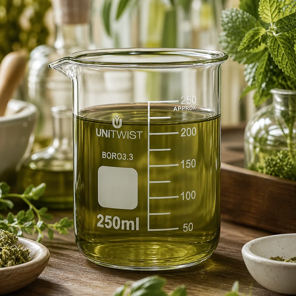Kádinka 250ml borosilikátová, nízká forma UNiTWIST Becherglas 250ml Borosilikat niedrige Form UNiTWIST mit grünem Extrakt und Mörser im Hintergrund