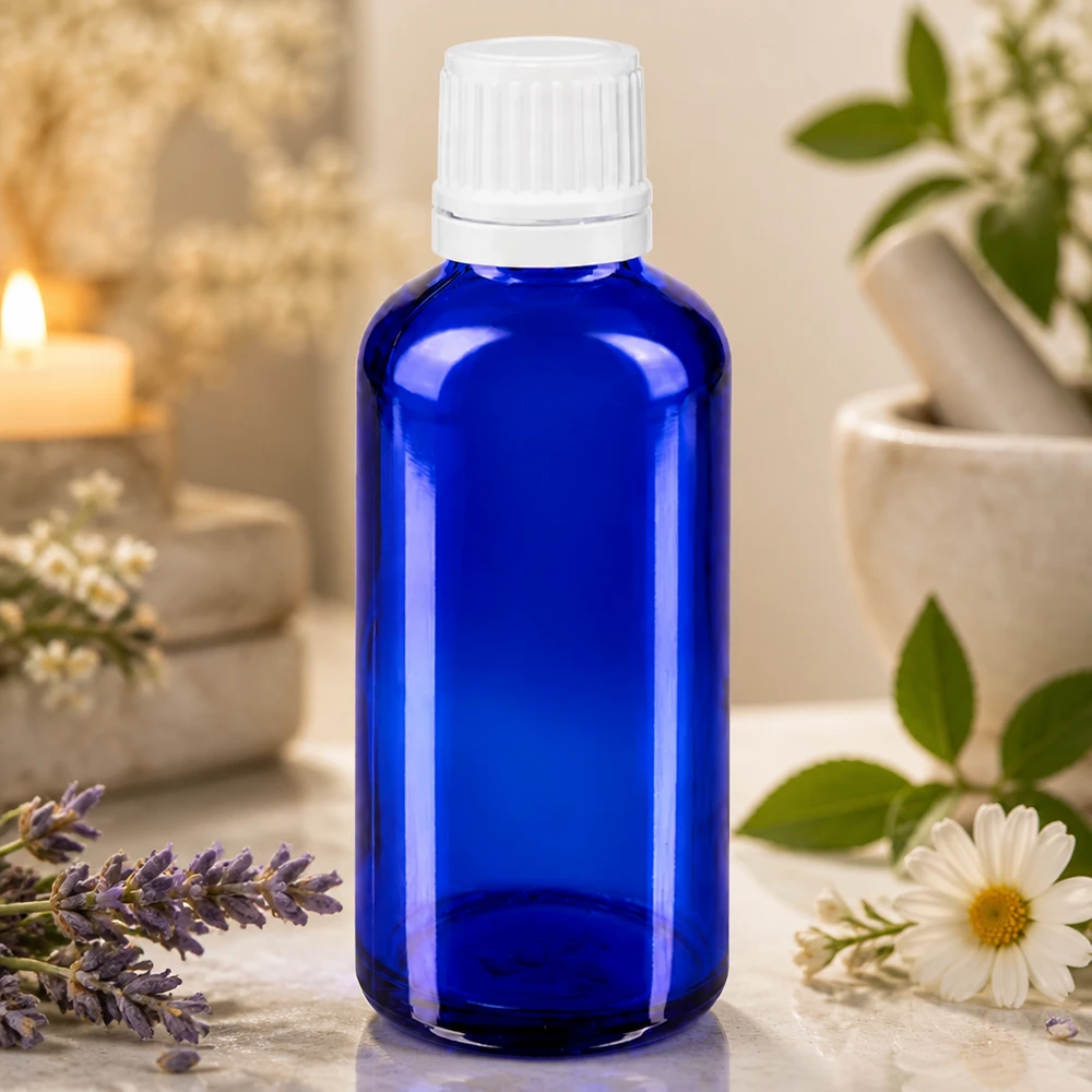 Lékárenská lahvička modrá 50ml kapátko uzávěr 1,2mm bílý uzávěr proti otevření. Blaue UV-Schutz Glasflasche 50ml mit Tropfverschluss für Ätherische Öle