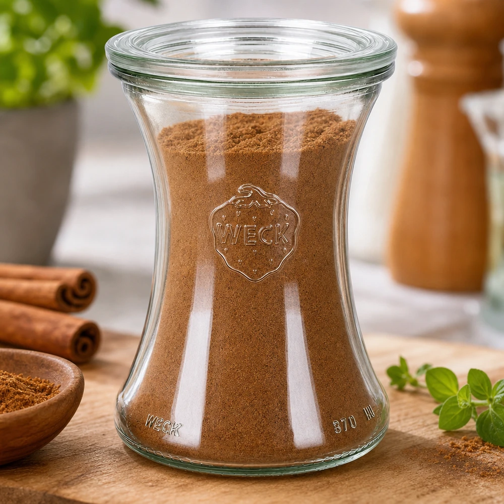 370ml lahůdková sklenice se skleněným víčkem WECK RR80 WECK Delikatessenglas 370ml RR80 mit Zimt gefüllt zeigt perfekte Gewürzaufbewahrung in stilvollem Glasdesign
