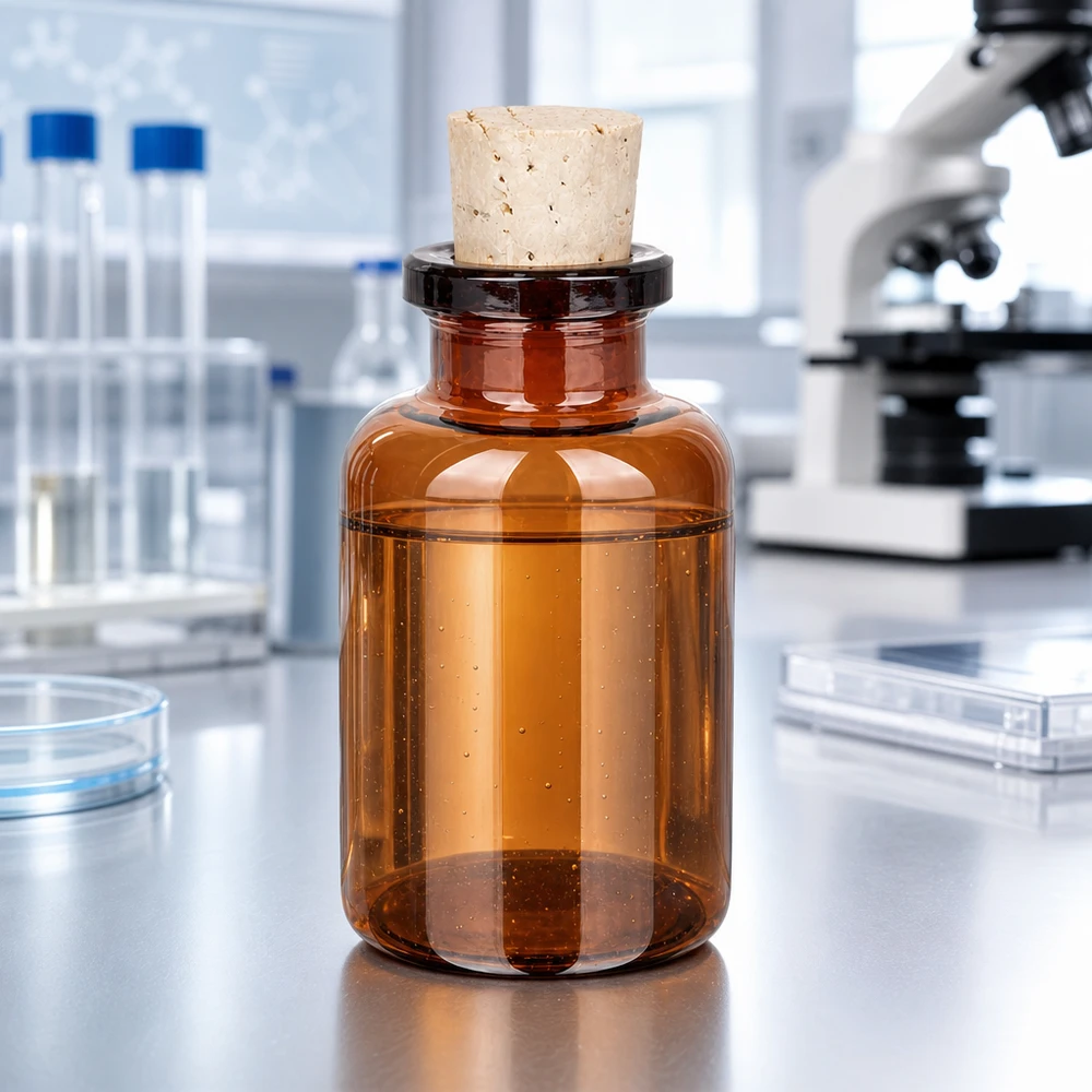 Jantarová skleněná láhev 20ml se zátkou 11/14mm Bernsteinfarbene Glasflasche 20ml mit Korkstopfen 11/14mm für Laborchemikalien