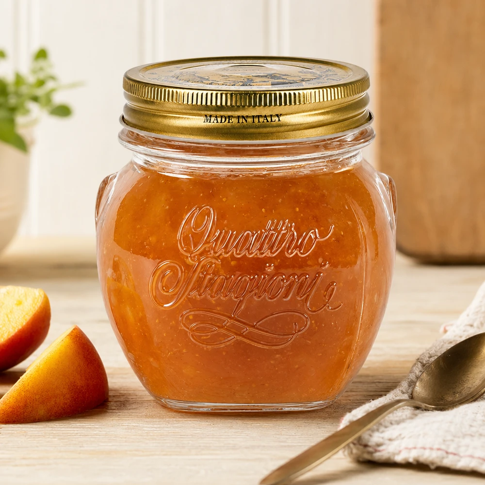 300ml kulatá sklenice "Quattro Stagioni" s víčkem 300ml Quattro Stagioni Rundglas mit goldenem Deckel gefüllt mit Marmelade auf Holztisch neben Orangenscheiben