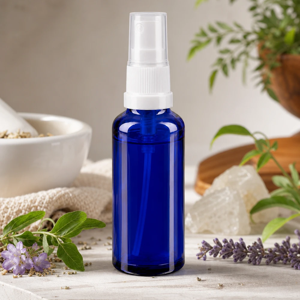 Kompakte blaue Glassprayflasche mit weißem Sprühaufsatz neben Lavendelblüten und Rohkristall