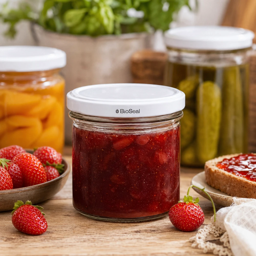 Tumbler o objemu 125 ml s bílým víčkem BioSeal UNiTWIST UNiTWIST Sturzglas 125ml Erdbeermarmelade Konfitüre selbstgemacht weißer TO66 BioSeal Deckel Einkochen