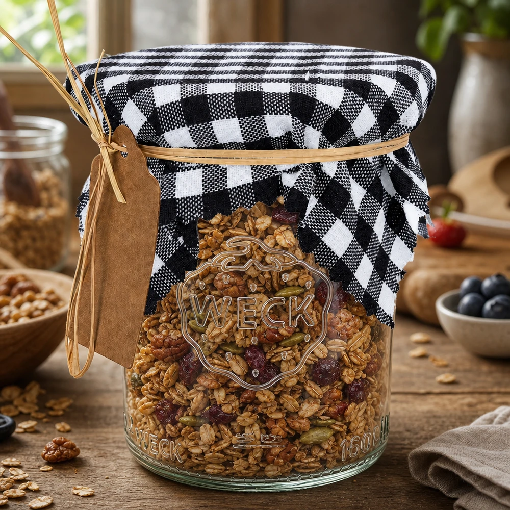 Látkový ubrousek na šperky kostkovaný černý 12cm čtvercový Schwarz-weiß kariertes Schmuckdeckchen auf Weckglas mit Müsli, rustikale Küchenaufbewahrung 12cm eckig