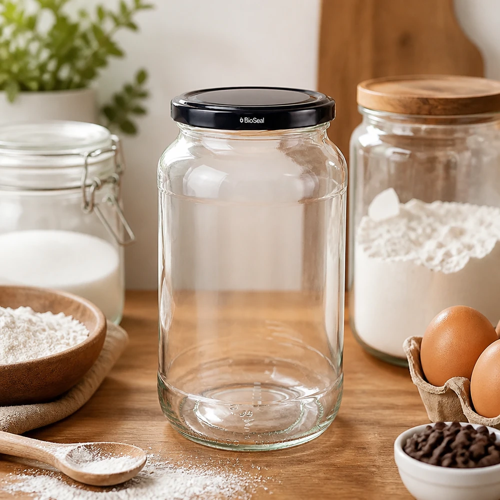 Kulatá nádoba o objemu 1062 ml s černým víkem UNiTWIST BioSeal. UNiTWIST Rundglas 1062 mit schwarzem TO82 BioSeal Deckel in moderner Küche zwischen Backzutaten und Eiern
